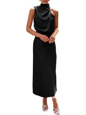 Women's Summer Dress Sleeveless Black Mock Neck Cocktail Party Maxi Dresses